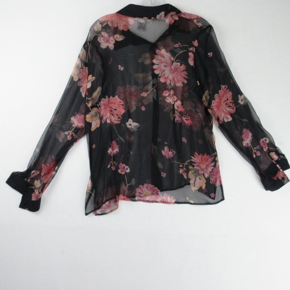 Robbie Bee Sheer Black Silk Button Down Shirt Size 10 Pink Flowers - Picture 2 of 10